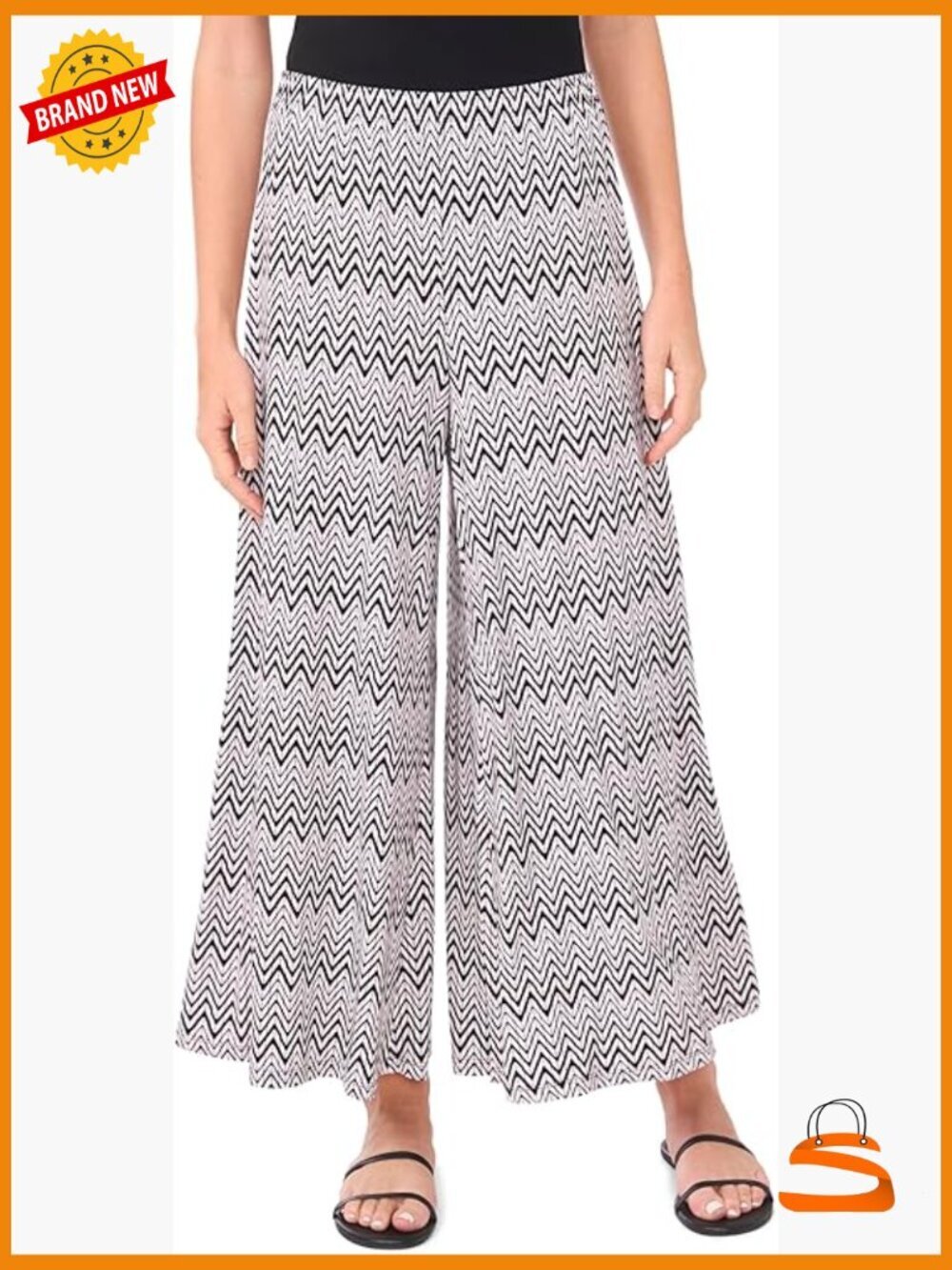 Zig Zag Pull on Wide Leg Pant - High Rise Ankle Length